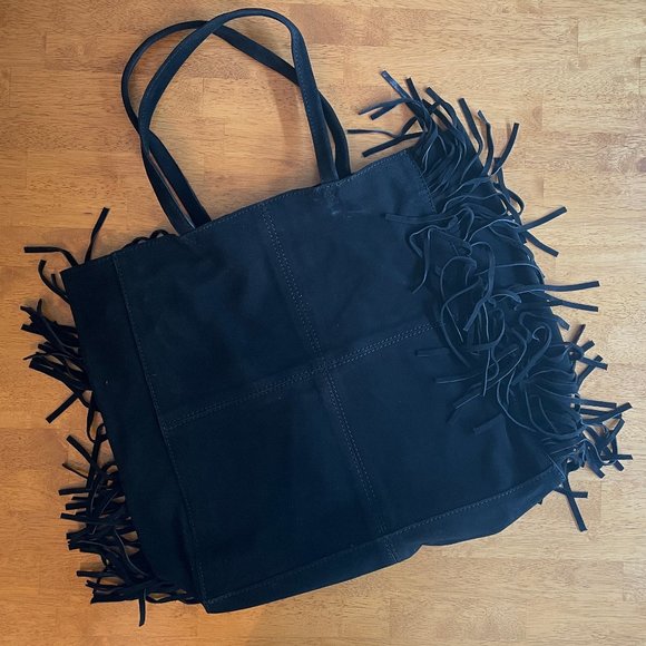 NWOT H&M black suede leather tote bag with fringe - Picture 1 of 5